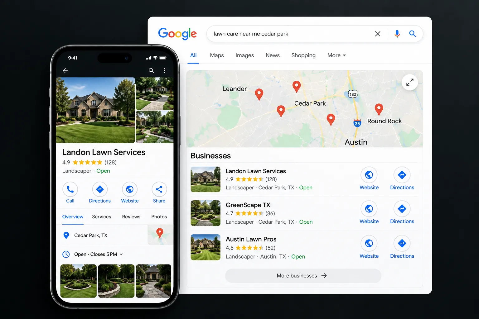 A phone showing a managed Google Business Profile next to a desktop Google local pack for “lawn care near me cedar park”.