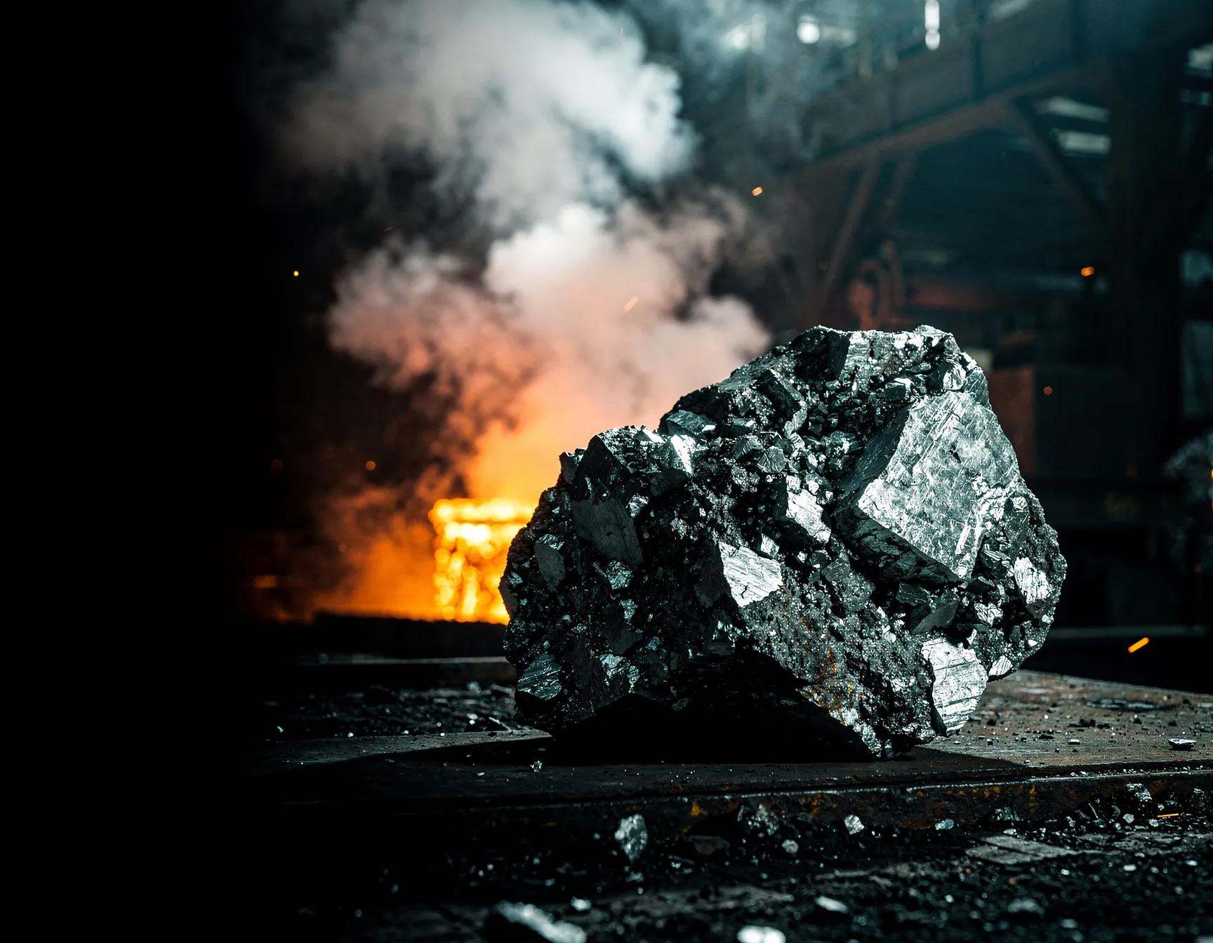 A chunky piece of raw silver ore on a foundry floor, backlit by a furnace and rising steam.