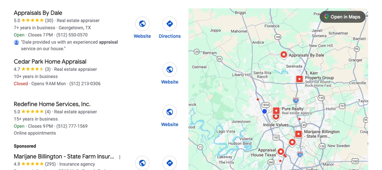 Found first for “home appraisals” across the Austin area