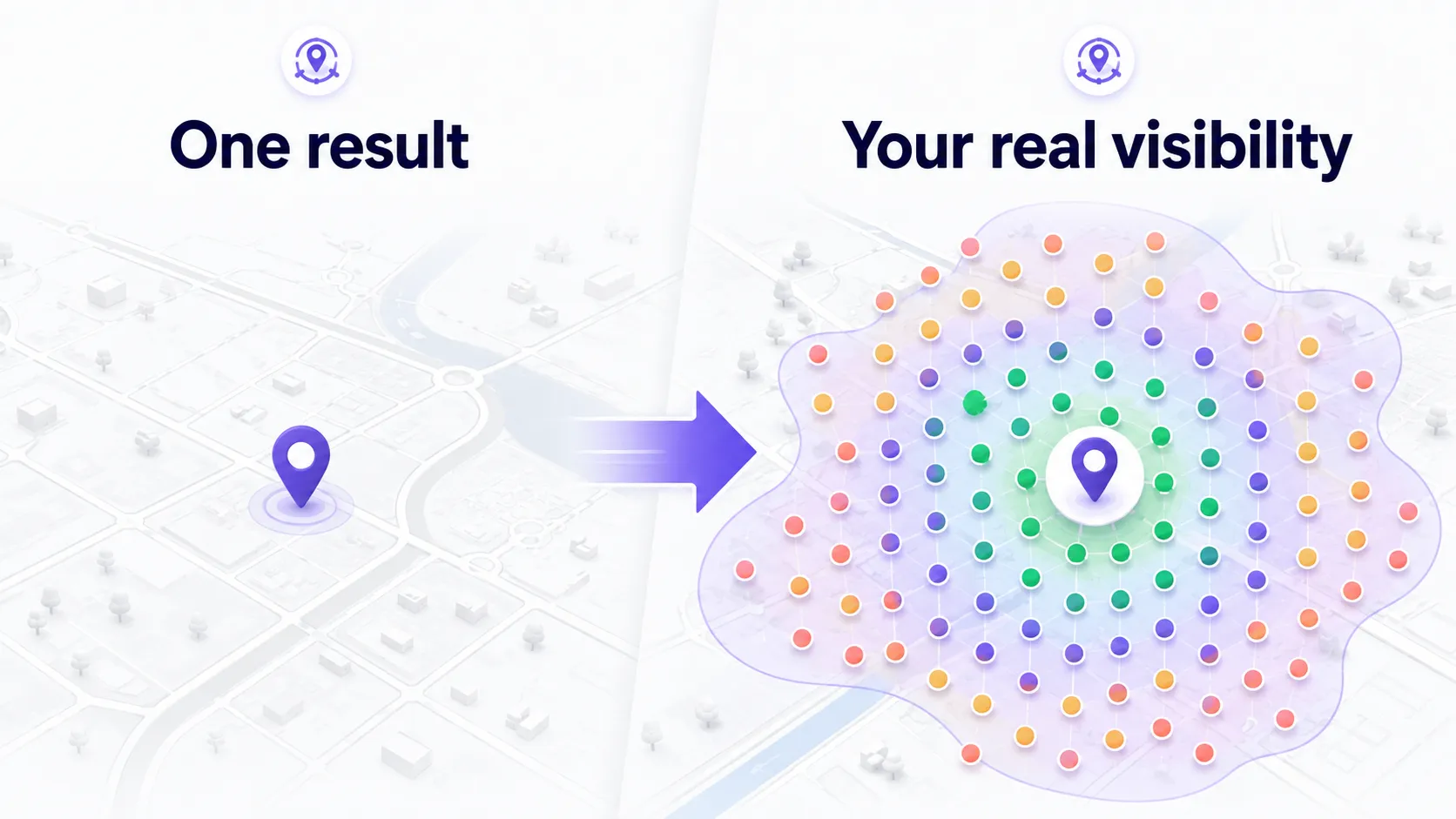 Left: a single map pin labelled ‘One result’. Right: the same map covered in a grid of coloured ranking dots labelled ‘Your real visibility’.